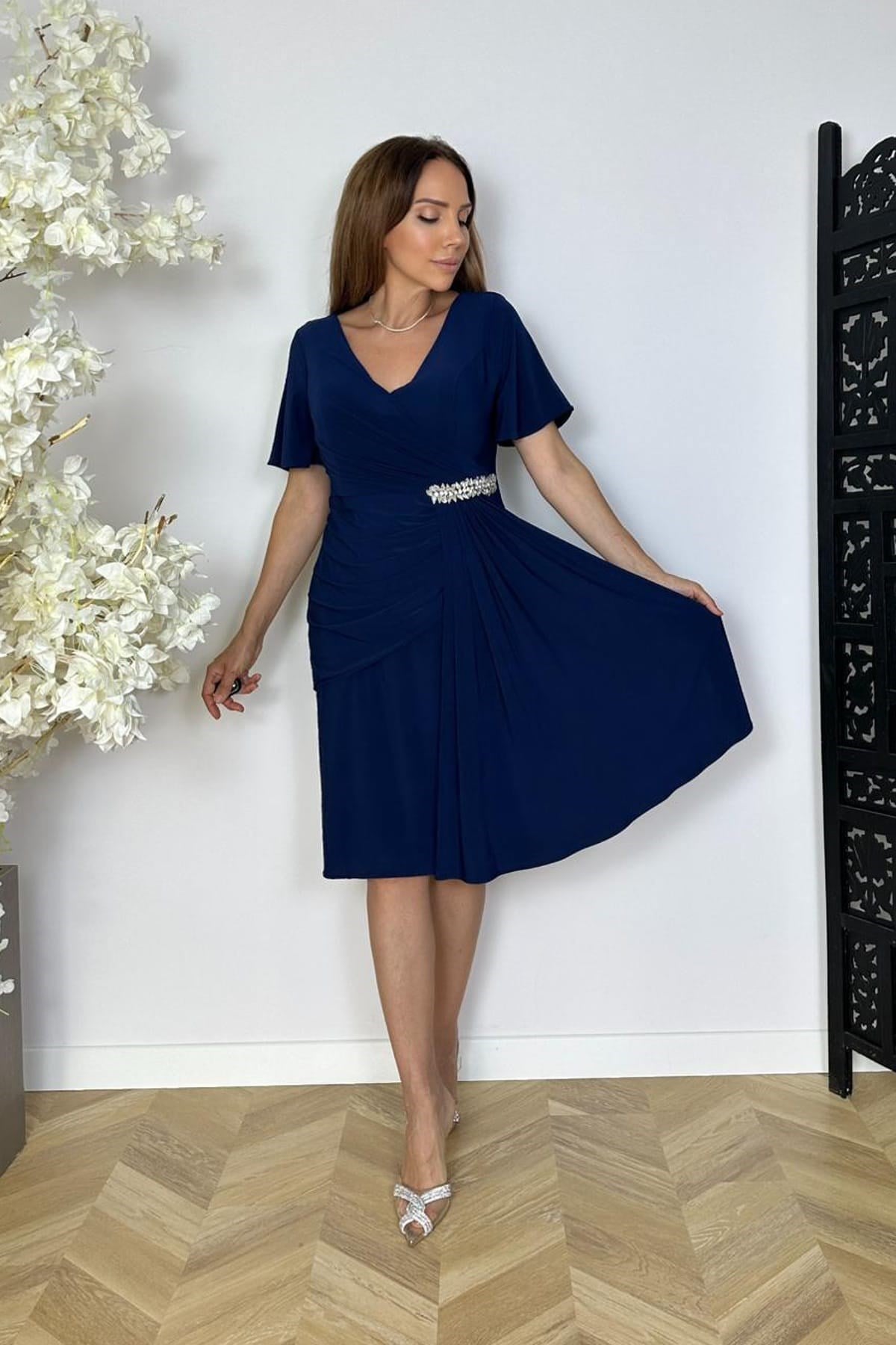 G1854 Taş ve Drape Detaylı Abiye Elbise Lacivert