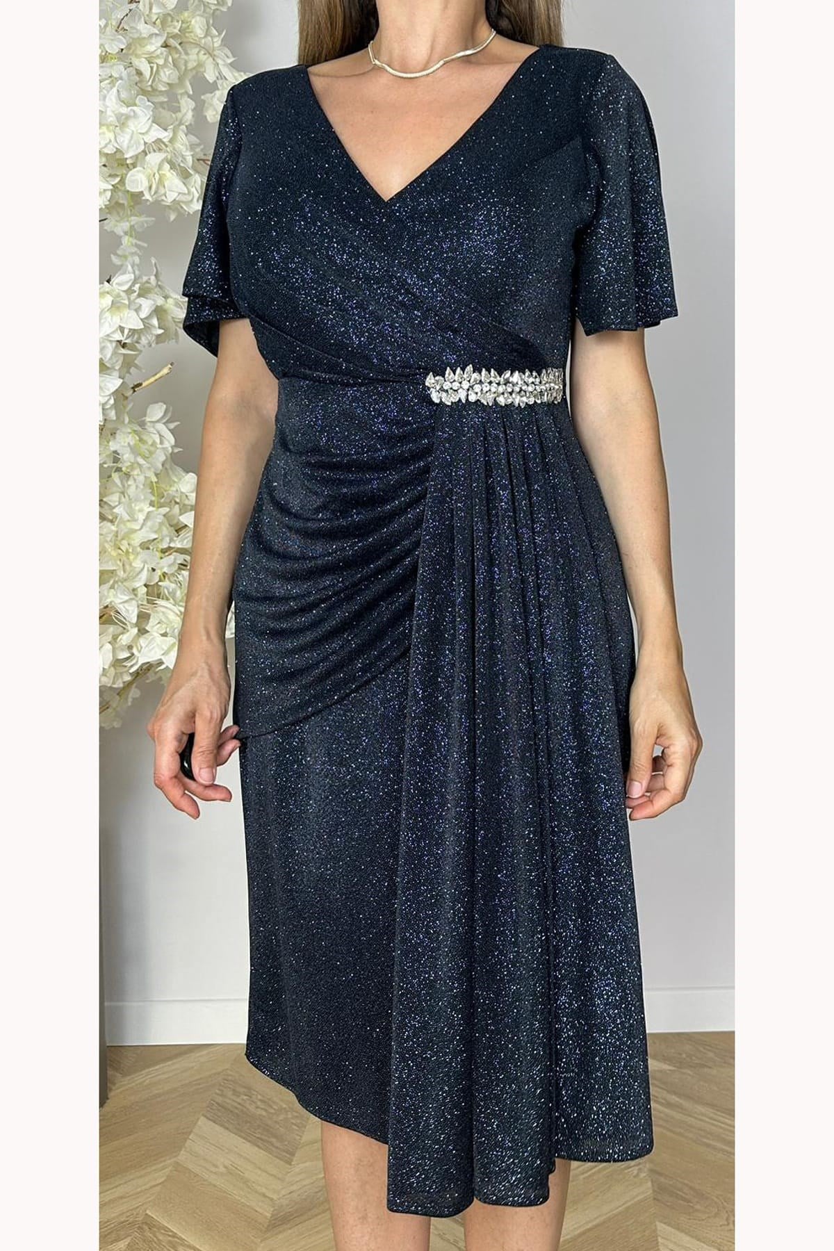 G1855 Taş ve Drape Detaylı Simli Abiye Elbise Lacivert