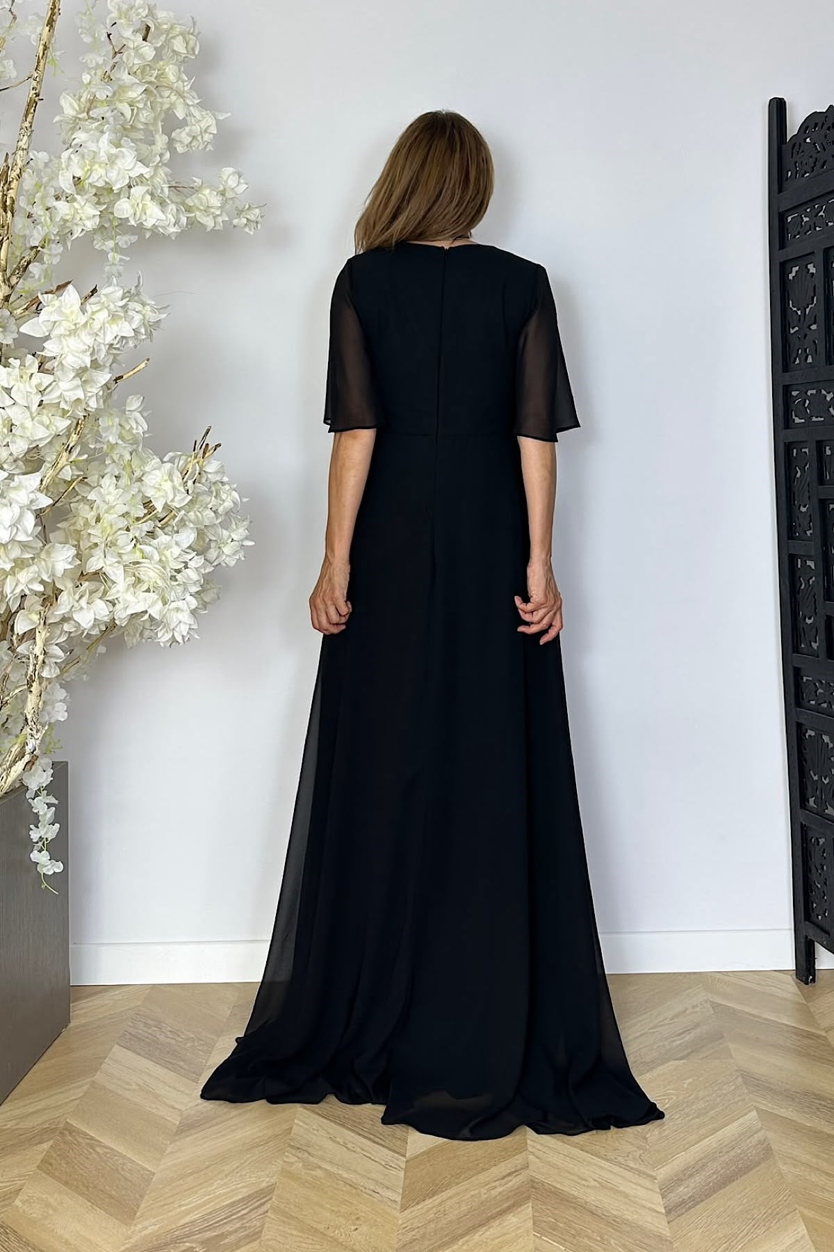 G1887 Drape ve Taş Detaylı Şifon Abiye Elbise Siyah