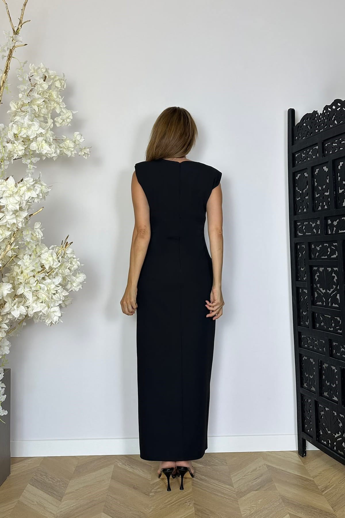 G1889 Drape ve Yırtmaç Detaylı Elbise Siyah