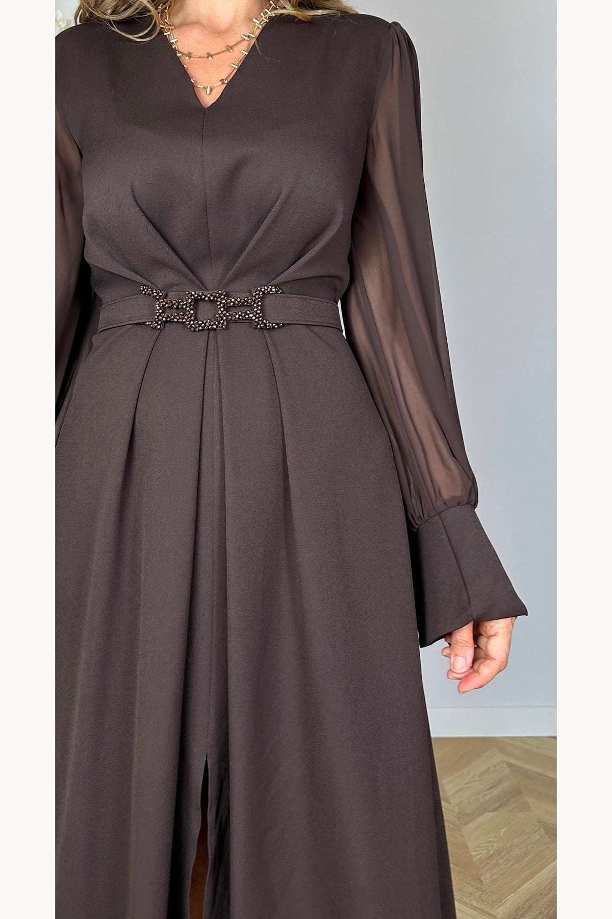 G1973 Şifon Kol Drape Detaylı Elbise Kahverengi