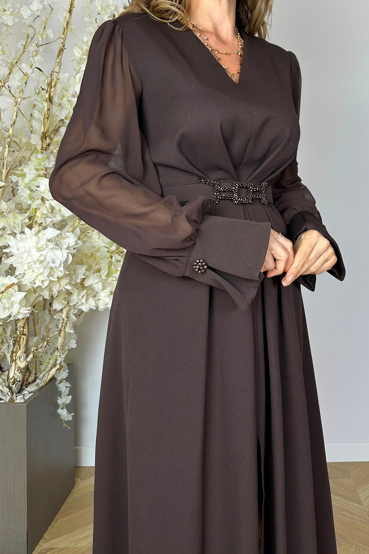 G1973 Şifon Kol Drape Detaylı Elbise Kahverengi