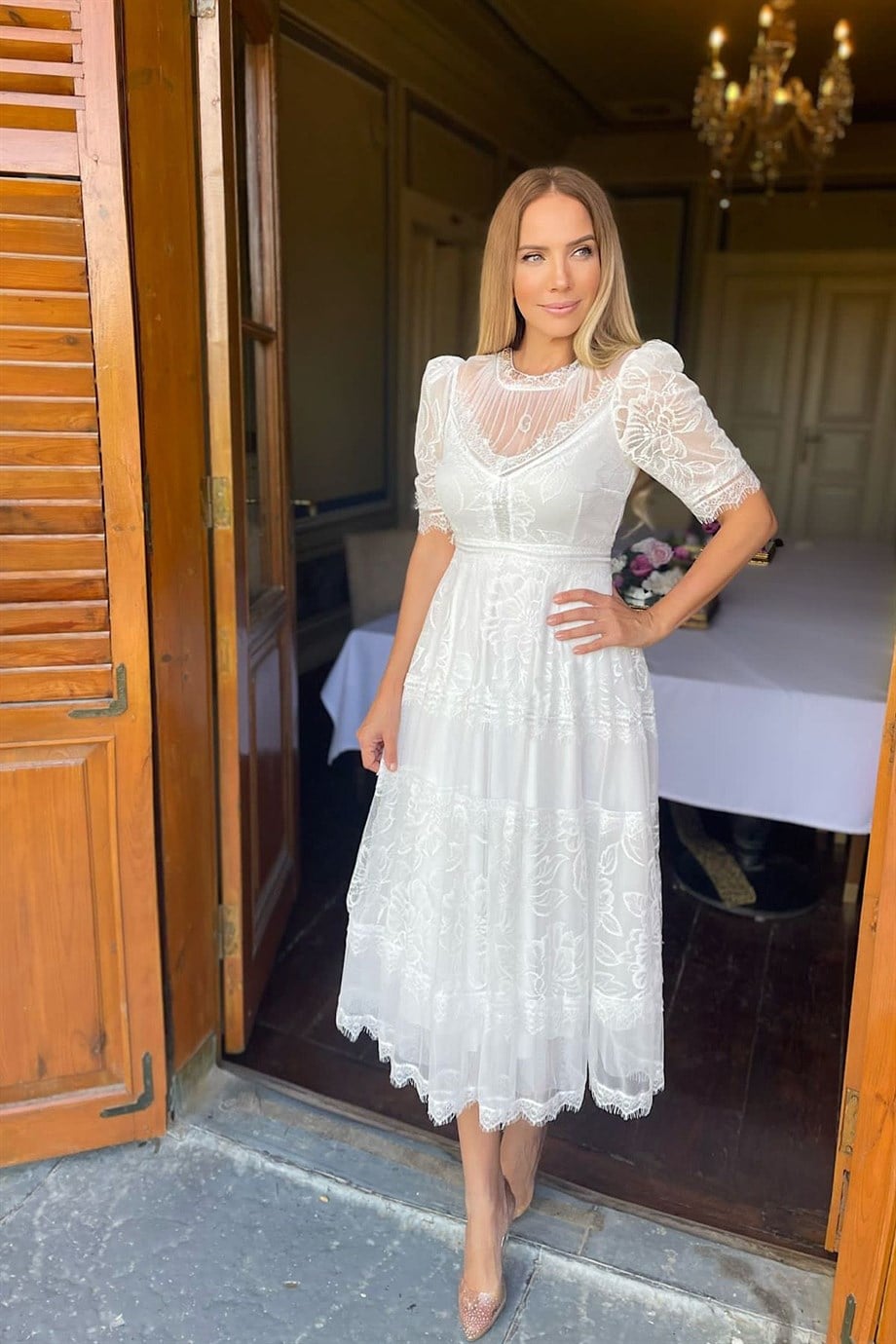 M1376 Lace Design Dress White