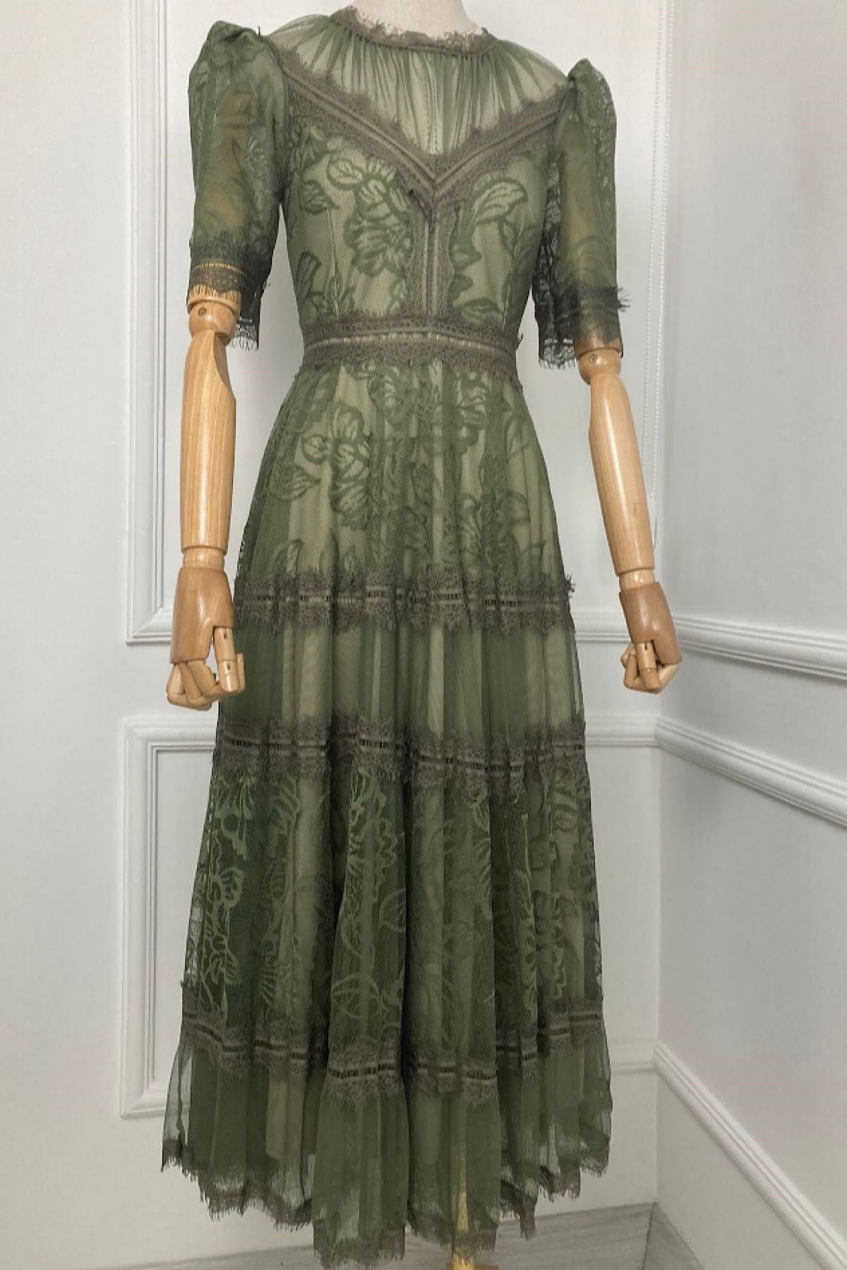 M1376 Lace Design Dress Khaki
