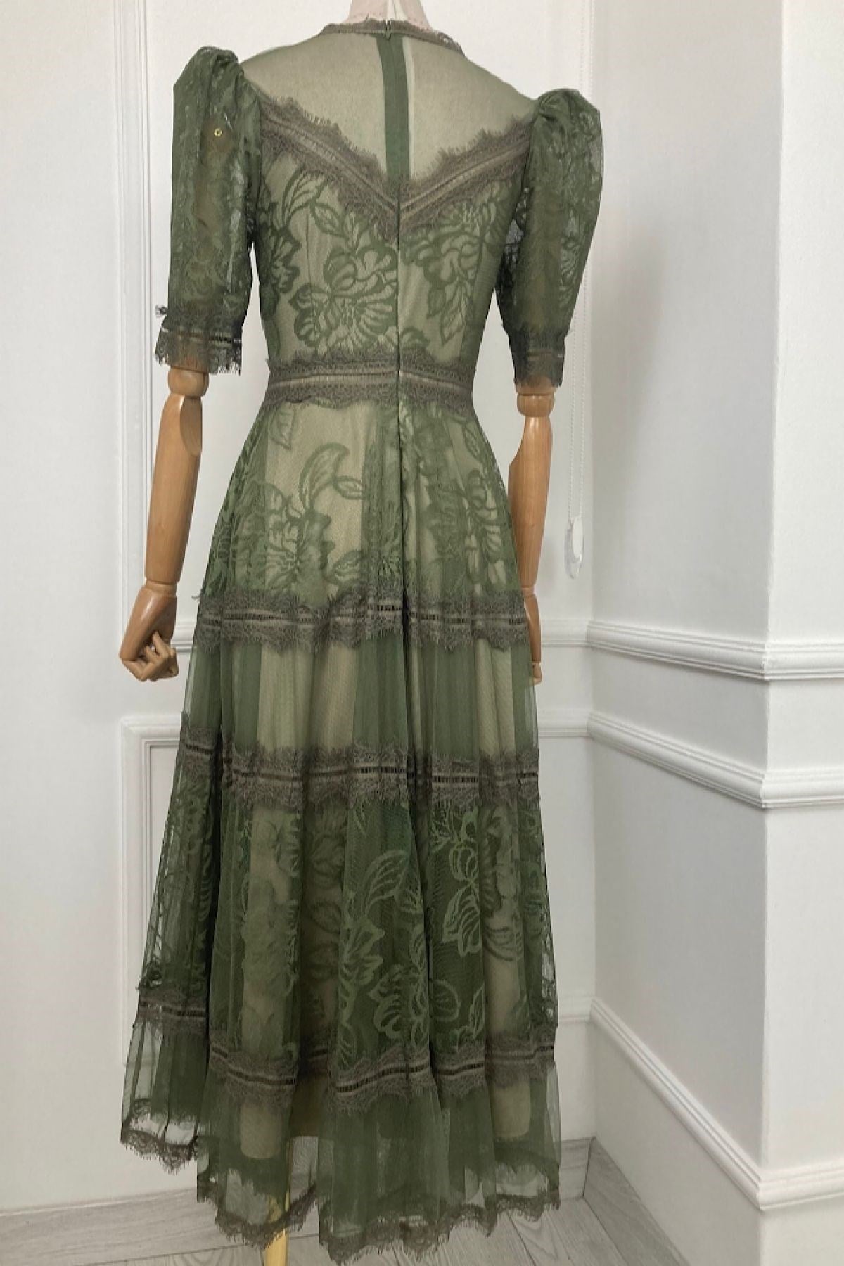 M1376 Lace Design Dress Khaki