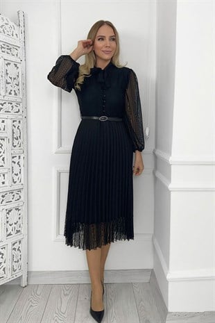 G0015 Dantel Detay Piliseli Elbise Siyah