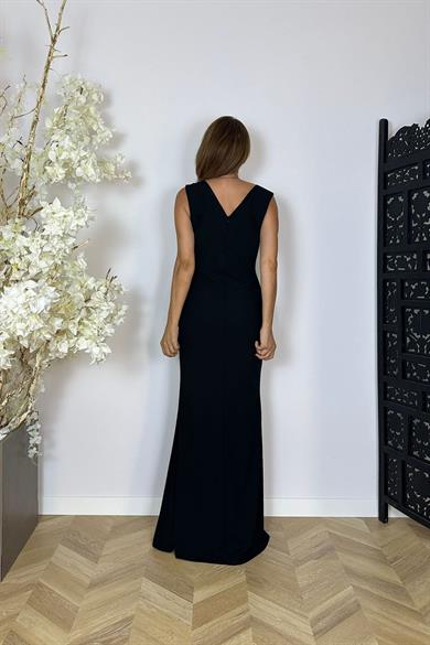 G0111 Tek Yanı Sim ve Payet Detaylı Kruvaze Maksi Abiye Elbise Siyah