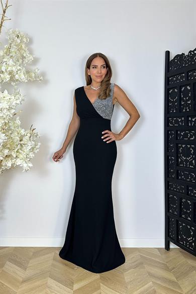 G0111 Tek Yanı Sim ve Payet Detaylı Kruvaze Maksi Abiye Elbise Siyah