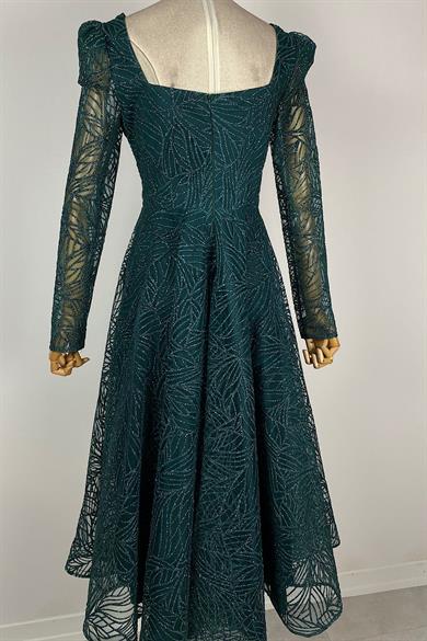 G0245 Kare Yaka Simli Midi Boy Tasarım Elbise Zümrüt