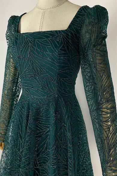 G0245 Kare Yaka Simli Midi Boy Tasarım Elbise Zümrüt