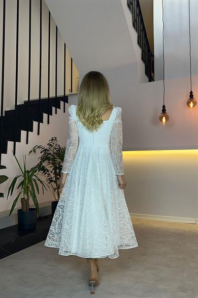 G0245 Kare Yaka Simli Midi Boy Tasarım Elbise Beyaz