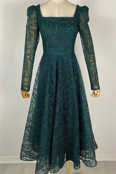 G0245 Kare Yaka Simli Midi Boy Tasarım Elbise Zümrüt