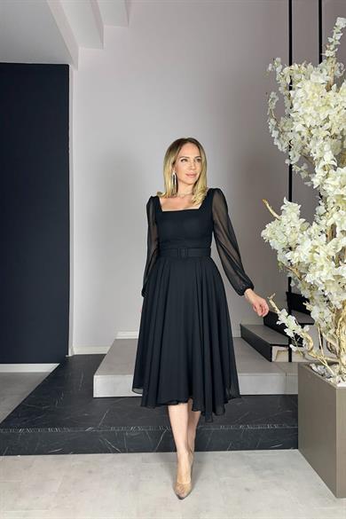 G0265 Kare Yaka Kemerli Şifon Elbise Siyah