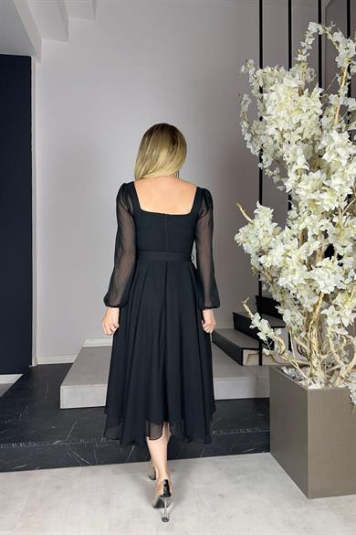 G0265 Kare Yaka Kemerli Şifon Elbise Siyah