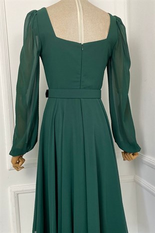 G0265 Kare Yaka Kemerli Şifon Elbise Yeşil