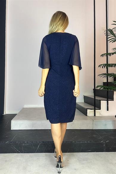 G0477 Taş Detaylı Şifon Kollu Abiye Elbise Lacivert