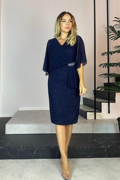 G0477 Taş Detaylı Şifon Kollu Abiye Elbise Lacivert