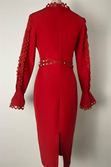 G0500 Güpür Detaylı Tasarım Elbise Kırmızı