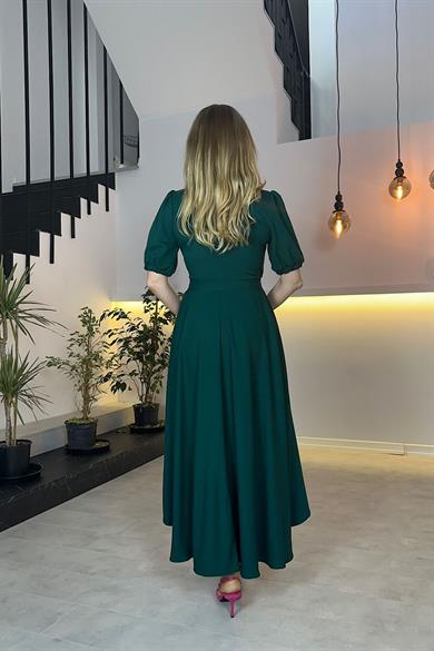 G0505 Kruvaze Yaka Kuşaklı Asimetrik Elbise Zümrüt