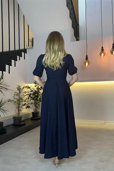 G0505 Kruvaze Yaka Kuşaklı Asimetrik Elbise Lacivert
