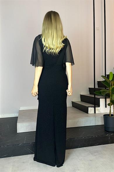 G0598 Taş Detaylı Şifon Kollu Maksi Abiye Elbise Siyah