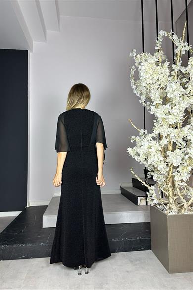 G0598 Taş Detaylı Şifon Kollu Maksi Abiye Elbise Siyah