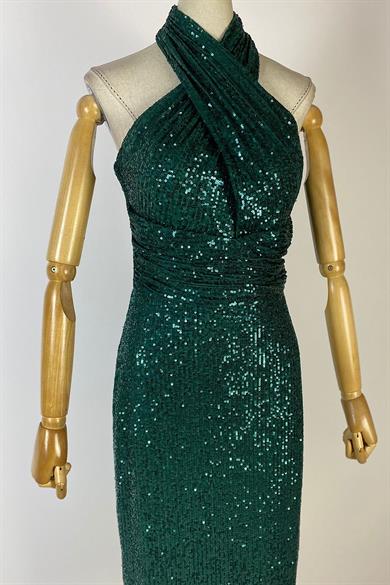 G0605 Halter Yaka Payet Elbise Zümrüt