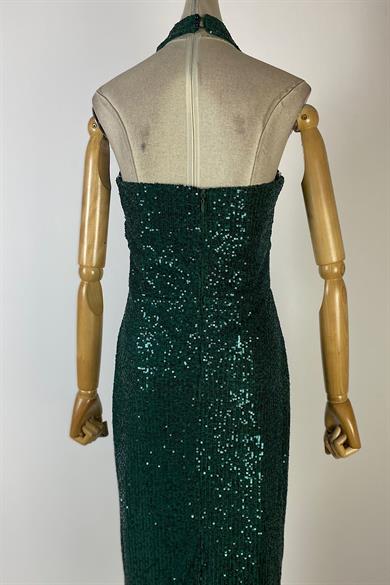 G0605 Halter Yaka Payet Elbise Zümrüt