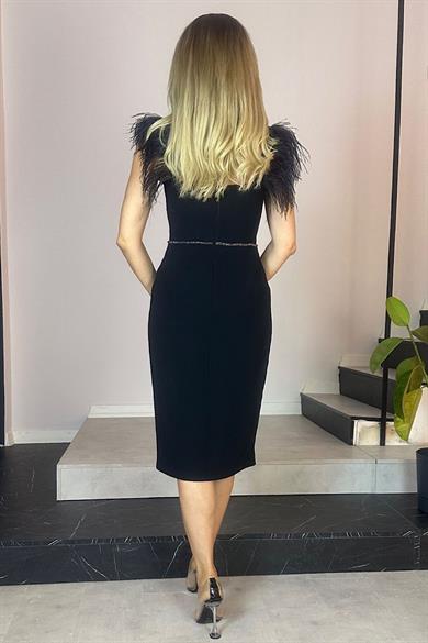 G0638 Kare Yaka Otriş Detaylı Kalem Elbise Siyah