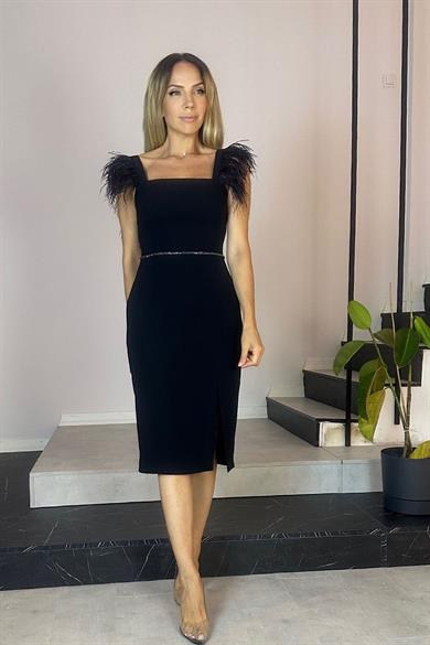 G0638 Kare Yaka Otriş Detaylı Kalem Elbise Siyah