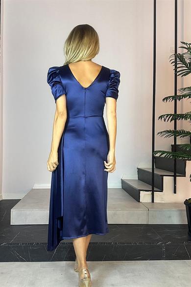 G0677 Balon Kol Drapeli Saten Elbise Lacivert