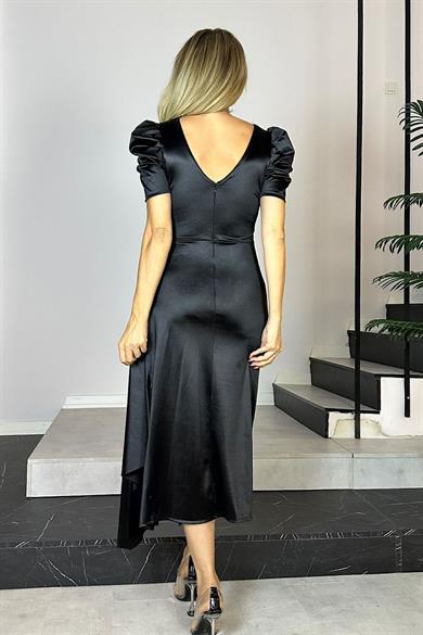 G0677 Balon Kol Drapeli Saten Elbise Siyah