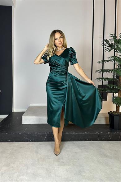 G0677 Balon Kol Drapeli Saten Elbise Zümrüt