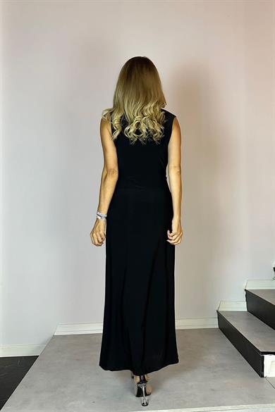 G0691 Kruvaze Yaka Tek Tarafı Payet Abiye Elbise Siyah