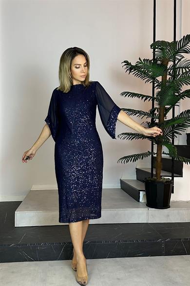 G0727 Şifon Kol Detaylı Payet Abiye Elbise Lacivert