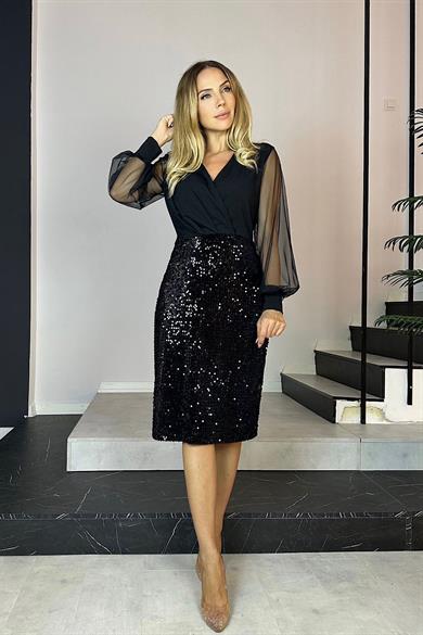 G0731 Kruvaze Yaka Payetli Abiye Elbise Siyah