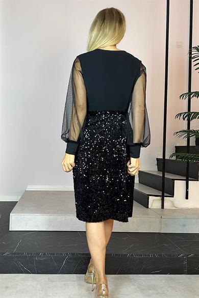 G0731 Kruvaze Yaka Payetli Abiye Elbise Siyah