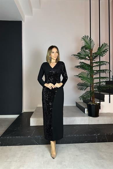 G0735 V Yaka Payet Detaylı Abiye Elbise Siyah