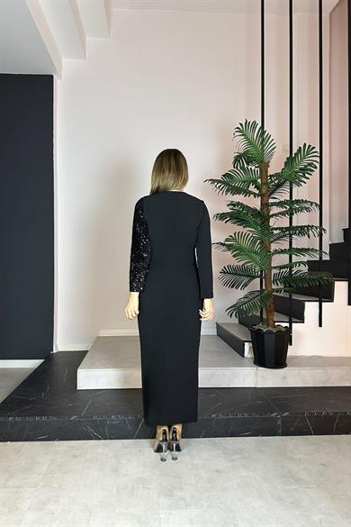 G0735 V Yaka Payet Detaylı Abiye Elbise Siyah