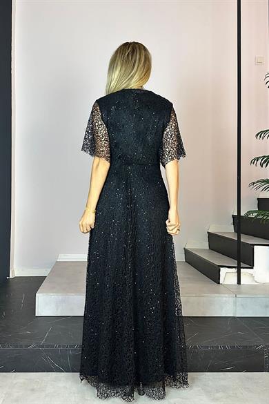 G0757 Kruvaze Yaka Payetli Dantel Abiye Elbise Siyah