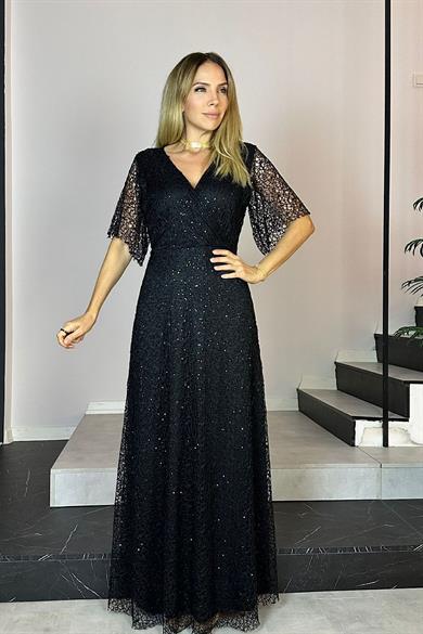 G0757 Kruvaze Yaka Payetli Dantel Abiye Elbise Siyah