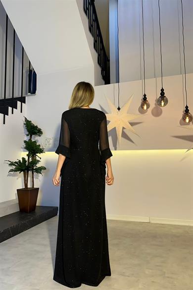 G0758 Şifon Kol Detaylı Simli Maksi Abiye Elbise Siyah