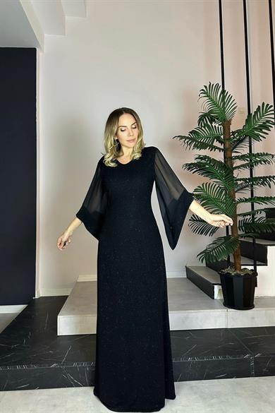 G0758 Şifon Kol Detaylı Simli Maksi Abiye Elbise Siyah