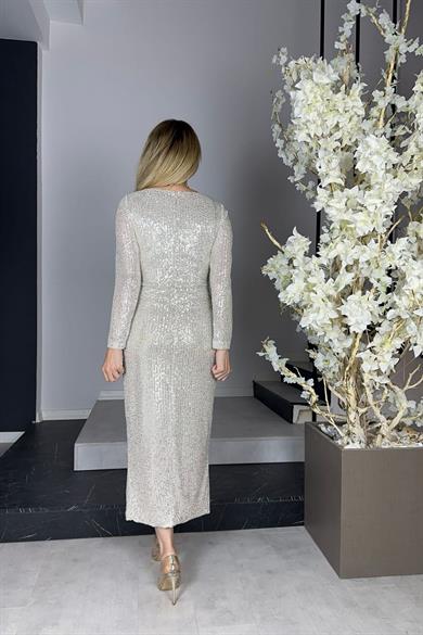 G0768 Kruvaze Yaka Payet Tasarım Elbise Krem