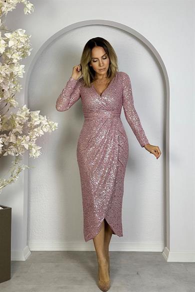 G0768 Kruvaze Yaka Payet Tasarım Elbise Rose