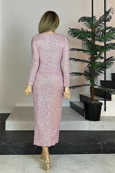G0768 Kruvaze Yaka Payet Tasarım Elbise Rose