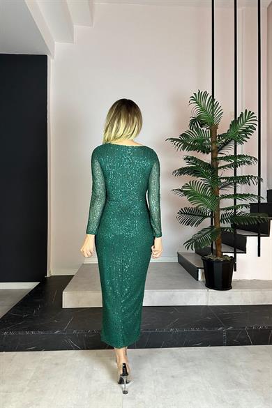 G0768 Kruvaze Yaka Payet Tasarım Elbise Zümrüt