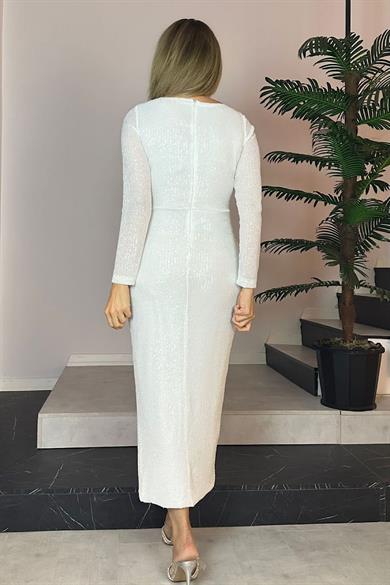 G0768 Kruvaze Yaka Payet Tasarım Elbise Beyaz