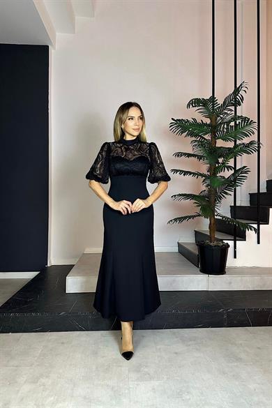 G0814 Dantel Detaylı Maksi Abiye Elbise Siyah