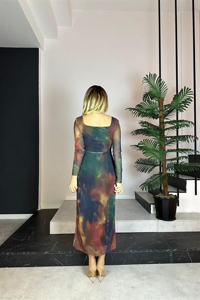 G0844 Kare Yaka Tül Elbise Çok Renkli